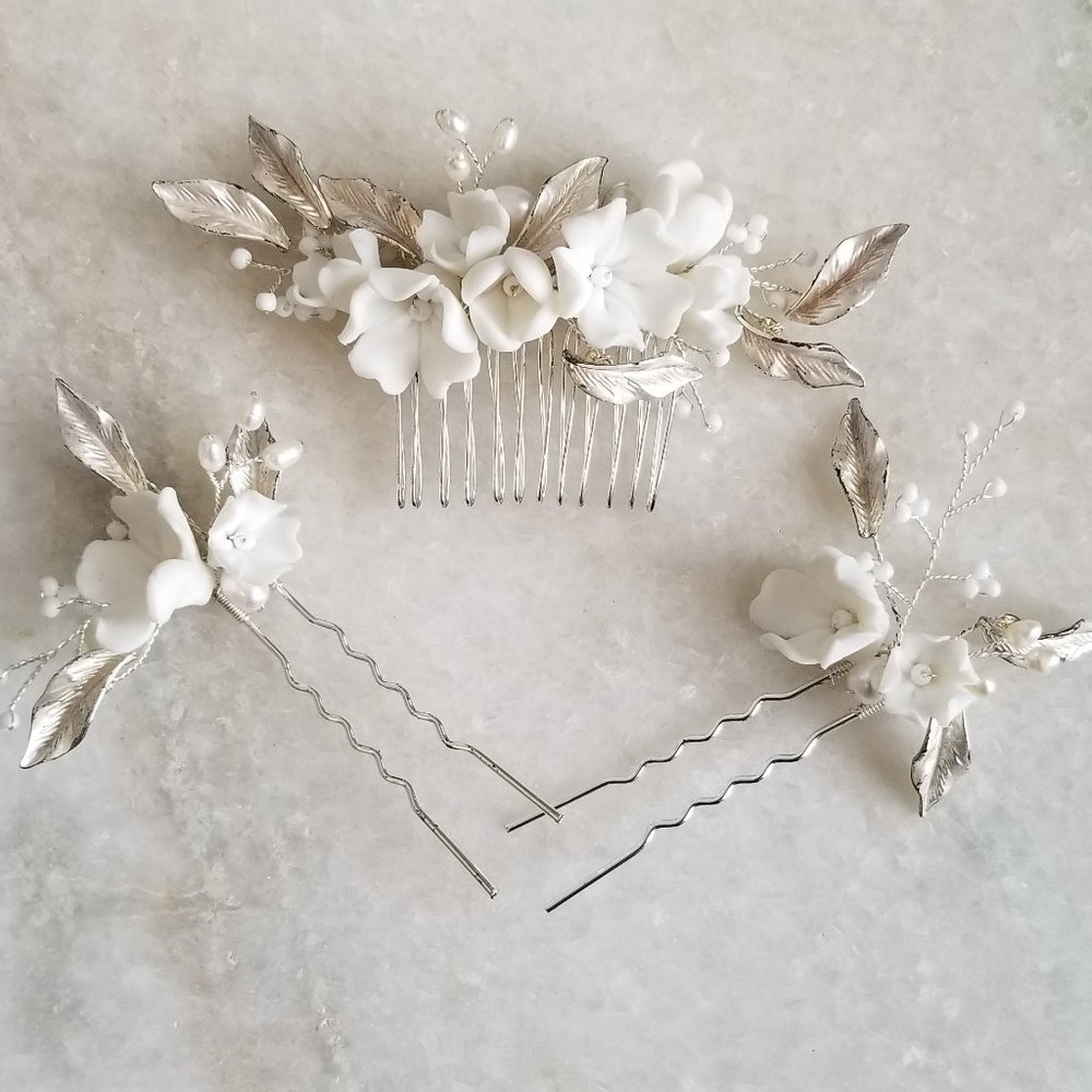 Bridal Hair Comb Silver Leaves, White flowers and Pearl Wedding Hair Accessories - Picture 2 of 6